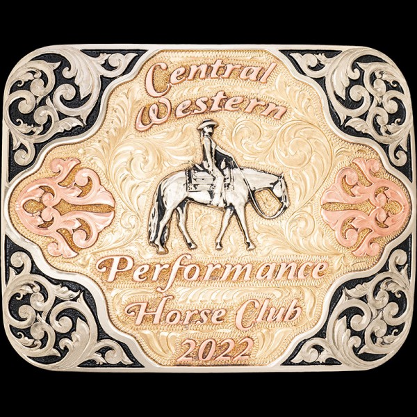 The Pacific Palms Custom Belt Buckle features a western design with copper scrollwork in a bronze base with silver vines. Customize this belt buckle for your rodeo event trophy!
